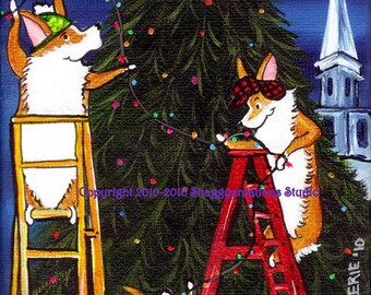 PEMBROKE WELSH CORGI  Art Print  4" X 4"  Christmas Corgi Art  "Town Tree" Holiday Corgi Art Christmas Tree Art  Old Fashioned Christmas