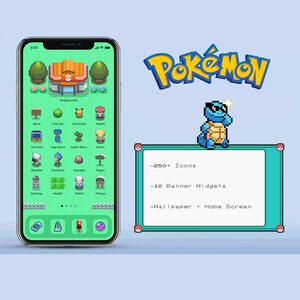 May include: A green and blue phone screen with a Pokemon theme. The screen shows a grid of app icons with a Pokemon character in the top right corner. The text on the screen says "Widgetsmith", "News", "Find My", "Shortcuts", "Wallet", "YouTube", "App Store", "Apple Store", "Notes", "Weather", "Numbers", "Keynote", "Pages", "Settings", "Health", "Watch", "Fitness". The text below the screen says "250+ Icons", "10 Banner Widgets", "Wallpaper + Home Screen".