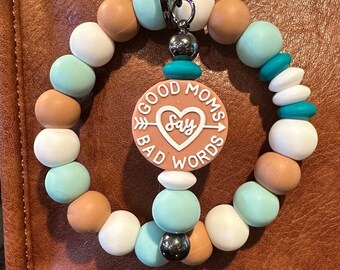 Wristlet Keychain Bracelet with Side Bangle, Car Key Accessory, Good Moms say Bad Words, Hands Free, One-of-a-Kind, Silicone Beads, Handmade