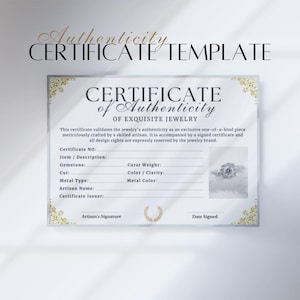 Jewelry Certificate of Authenticity Template Canva | Editable Printable COA | Diamond Ring Earring Pendant Bracelet | 8.5x11 & 4x6