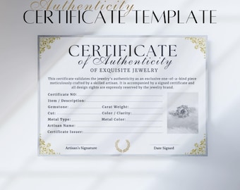 Jewelry Certificate of Authenticity Template Canva | Editable Printable COA | Diamond Ring Earring Pendant Bracelet | 8.5x11 & 4x6