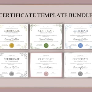 May include: A set of six printable certificate templates with ornate borders and gold, green, blue, and black accents. Each certificate features the text "Certificate of Completion" and a space for the recipient's name.