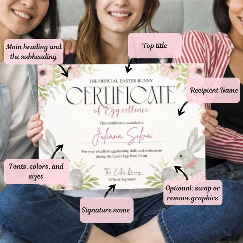 Easter Egg Hunt Certificate Canva Template | Editable Bunny Award for ...