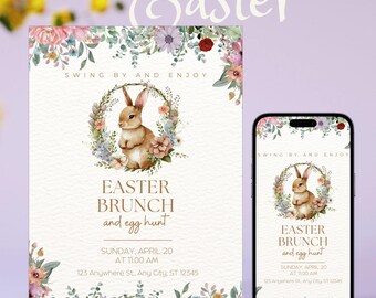 Easter Brunch & Egg Hunt Invitation | Editable Floral Bunny Invite | Spring Digital Easter Party Template | Printable Corjl Design