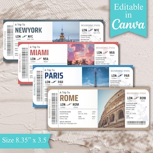 May include: A collection of boarding pass designs for travel to New York, Miami, Paris, and Rome. Each pass features destination city imagery, passenger details, and the text "A Trip To". The size is 8.35" x 3.5".
