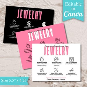 Peut inclure: Instructions d'entretien pour les bijoux. Une carte rose et blanche avec du texte noir et des icônes. La carte comprend des instructions telles que : Laisser les parfums et les lotions sécher avant de mettre les bijoux. Éviter le contact avec l'humidité et les produits chimiques agressifs. Conserver dans un sac fermé ou une boîte à bijoux pour le protéger. Éviter de porter pendant l'exercice ou le sport. Retirer les bijoux avant de dormir pour éviter de les abîmer. Retirer avant de prendre une douche ou de nager. Votre nom d'entreprise.