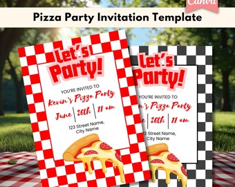 Pizza Party Invitation Template Canva | Retro Checkerboard Kids Birthday Invite | Editable Printable 4x6 5x7 & Mobile Story|Instant Download