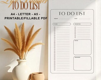 To-Do List Minimaliste Printable - Liste de Tâches Quotidienne, Hebdomadaire & Mensuelle, PDF Remplissable A4/A5/Letter