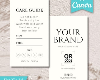 Printable Care Guide Hang Tags | Editable Clothing Label Template | Garment Wash Instructions | PDF PNG | Small Business Card