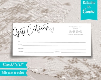 Modern Gift Certificate Template, Editable Gift Card, Instant Download, Customizable Gift Voucher, Gift Certificate Design