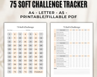 Printable 75 Soft Challenge Tracker - 75-Day Planner, Fitness Journal & Habit Tracker, Fillable PDF A4/A5/Letter