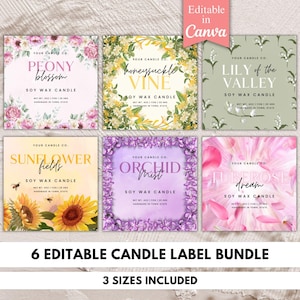 Peut inclure: Un ensemble de six étiquettes de bougies modifiables avec des motifs floraux. Les étiquettes incluent "Peony Blossom", "Honeysuckle Vine", "Lily of the Valley", "Sunflower Fields", "Orchid Mist" et "Tuberose Dream". Les étiquettes sont pour bougies à la cire de soja.