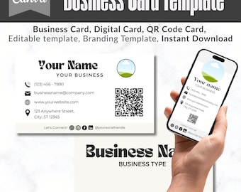Minimalist QR Business Card Template Canva | Double-Sided Neutral Calling Card | Editable 3.5x2 + Mobile | Instant Download Printable PDFPNG