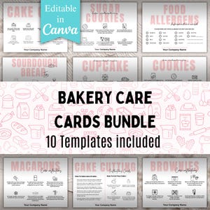 Paquete de tarjetas de cuidado de panadería: 10 plantillas editables de Canva para pasteles, galletas, macarrones, formularios de pedido, alérgenos y más