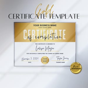 Gold Certificate Of Completion Template, Printable Course Certificate Of Completion, Editable Beauty Award Canva Certificate Template.