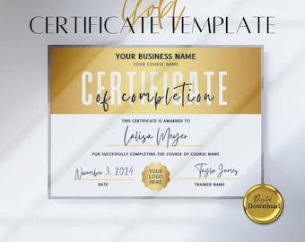 Gold Certificate Of Completion Template, Printable Course Certificate Of Completion, Editable Beauty Award Canva Certificate Template.