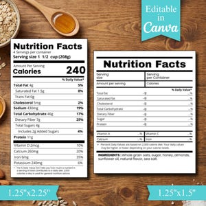 May include: Two nutrition facts labels with detailed information on calories, fat, and other nutrients. The labels are white with black text and are set against a wooden background. One label is 1.25" x 2.25" and the other is 1.25" x 1.5".