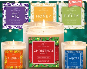 Editable Candle Label Templates Canva | Candle Branding Kit | Custom Jar Labels + Care | Printable 2x2 2.5x2.5 3x3 | Christmas Set Download!