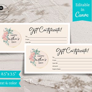 Mother&#39;s Day Gift Certificate Template, Modern Editable Gift Card, Instant Download, Customizable Gift Voucher, Gift Certificate Design