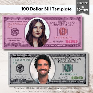 Könnte beinhalten: Zwei individuelle 100-Dollar-Schein-Vorlagen. Eine ist rosa mit dem Gesicht einer Frau, die andere grau mit dem Gesicht eines Mannes. Die Scheine tragen den Text "100 Dollar Bill Template" und "Editable in Canva".