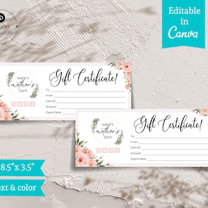 Plantilla de certificado de regalo para el Día de la Madre, tarjeta de regalo moderna y editable, descarga instantánea, cupón de regalo personalizable, diseño de certificado de regalo