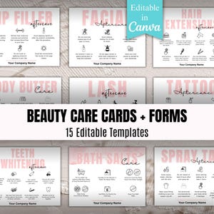 Peut inclure: Ensemble de 15 modèles de soins de beauté modifiables, avec des instructions après-soins pour les injections de comblement, les soins du visage, les extensions de cheveux, etc. Présentés dans un style épuré et moderne, avec des icônes.