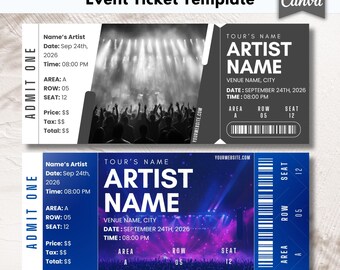 Editable Concert Ticket Template Canva | Classic Event Stub | Printable Music Passes | Surprise Gift Keepsake | 8.35x3.5 | Instant Download!