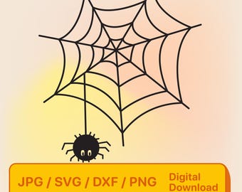 May include: Black spider with white eyes hanging from a black spider web on a yellow and orange gradient background.  JPG / SVG / DXF / PNG Digital Download