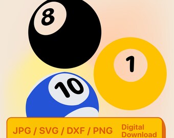 Könnte beinhalten: Drei Billardkugeln, eine schwarze mit der Nummer 8, eine gelbe mit der Nummer 1 und eine blaue mit der Nummer 10. Die Kugeln sind in Dreiecksform angeordnet. Der Text "JPG/SVG/DXF/PNG Digitaler Download" befindet sich am unteren Rand des Bildes.