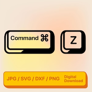 May include: Two black and white computer keyboard keys, one labeled "Command" with a symbol, and the other with the letter "Z". Below, a gold rectangle reads "JPG / SVG / DXF / PNG Digital Download".