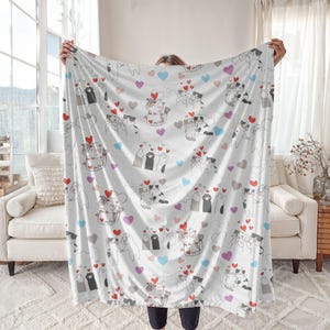 Valentines Day Cat Throw Blanket, Valentines Gift For Cat Lover, Cute Cat Blanket With Love Hearts, VDay Gift For Girlfriend, Cat Present