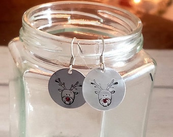 Pendientes de reno estampados a mano - Pendientes de Rudolph - Pendientes de Navidad
