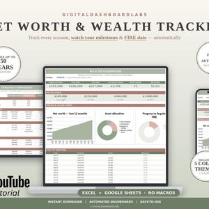 May include: A digital net worth and wealth tracker dashboard displayed on a laptop, tablet, and smartphone. The interface features sage green and terracotta accents, showing financial charts, asset allocation, and milestones for tracking wealth.