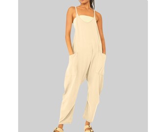 Women's Ribbed Wide V Neck Detail Wide Leg Baggy fit Work Jumpsuit for Everyday Exercise Activity Workout Outdoor