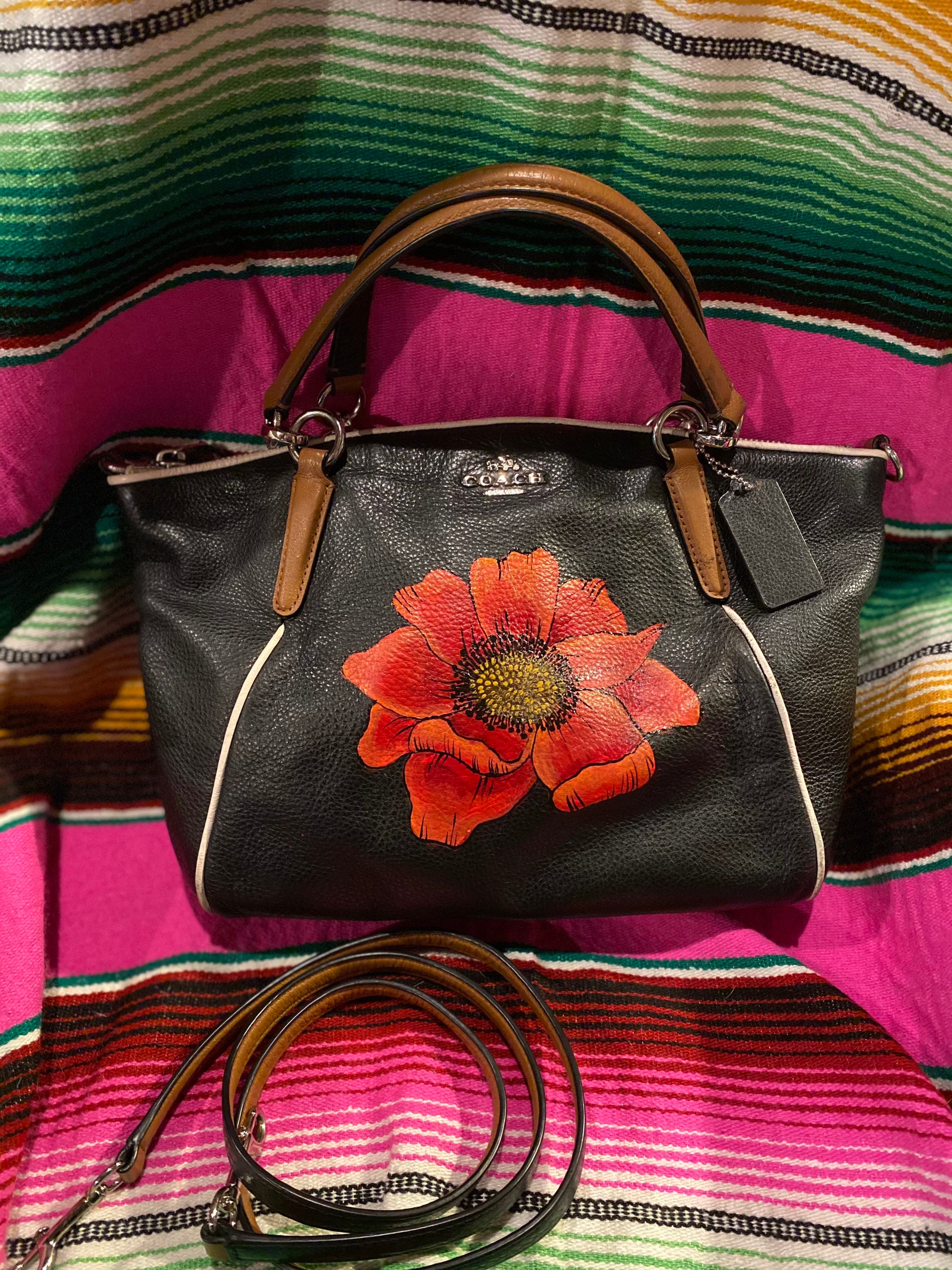 Like new Coach hand painted black leather shoulder purse handbag with