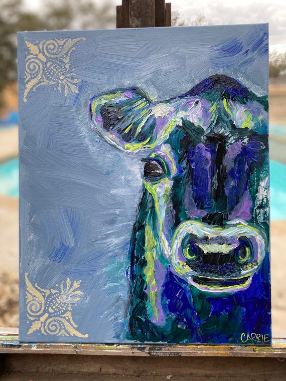Moo - colorful cow painting - acrylic mixed media painting on canvas