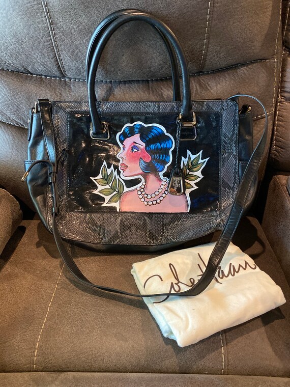 Upcycled extra large tote style black Cole Hahn purse leather handbag with hand painted tattoo portrait