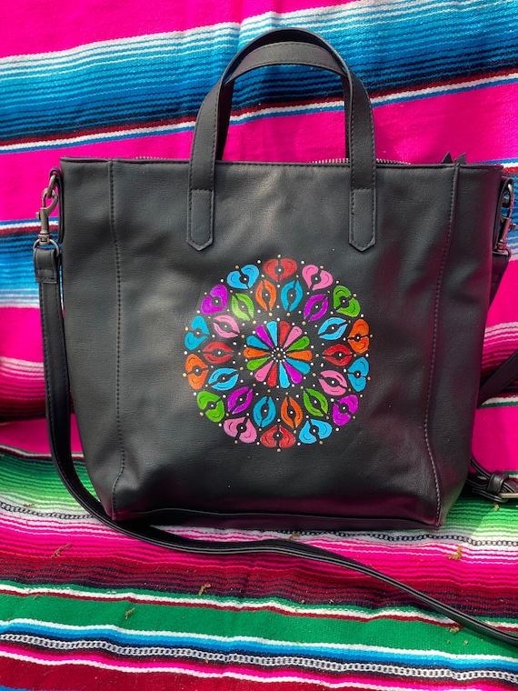 Hand painted perfect condition black leather shoulder tote handbag - Boho mandala purse
