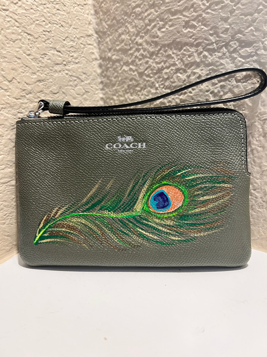 Hand Painted NEW Coach Wristlet Wallet Olive Green With Peacock Feather Etsy