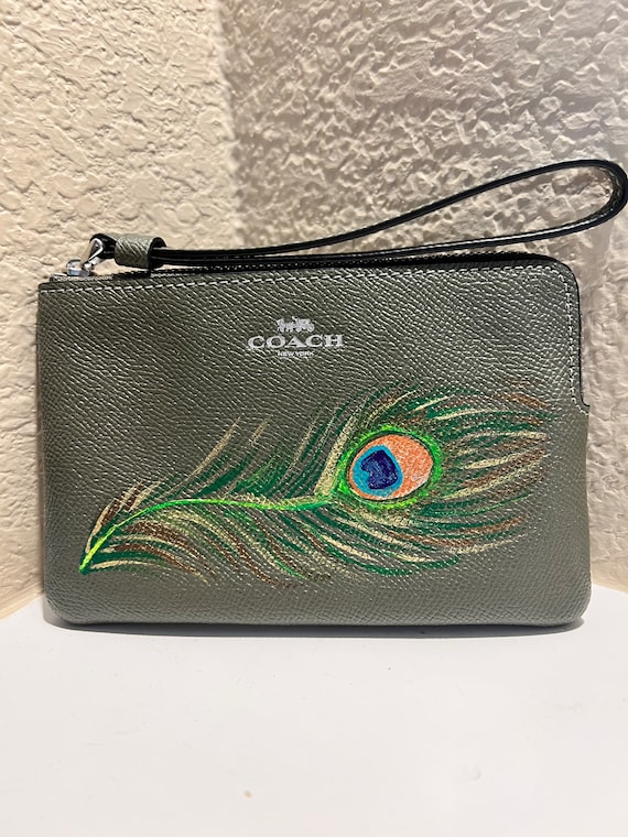Hand painted NEW Coach wristlet wallet - olive green with Peacock Feather
