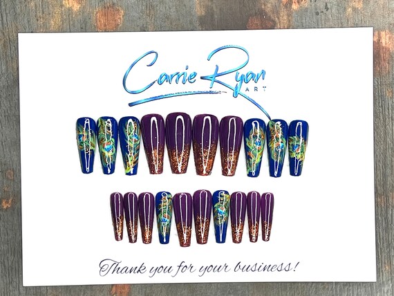 Hand Painted Purple Peacock Press On Custom Nails