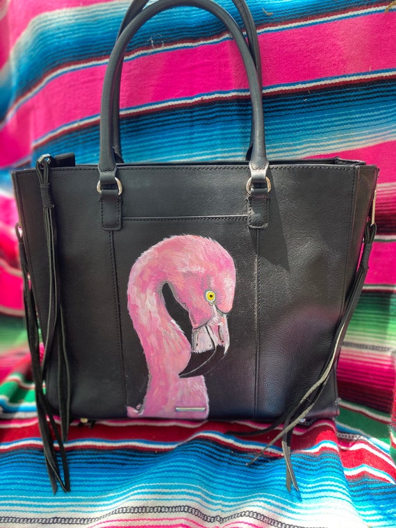 Like new designer Rebecca Minkoff leather tote purse handbag with hand painted Flamingo