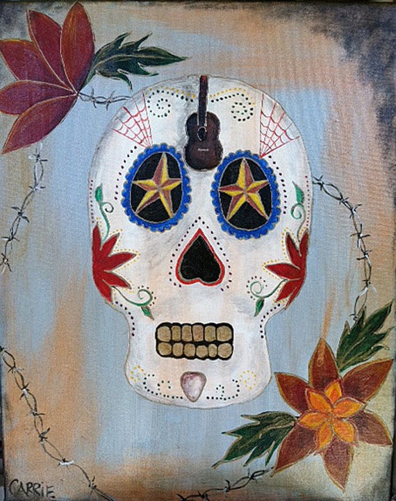 Original Day of the Dead Sugar Skull Painting - Rock and Roll