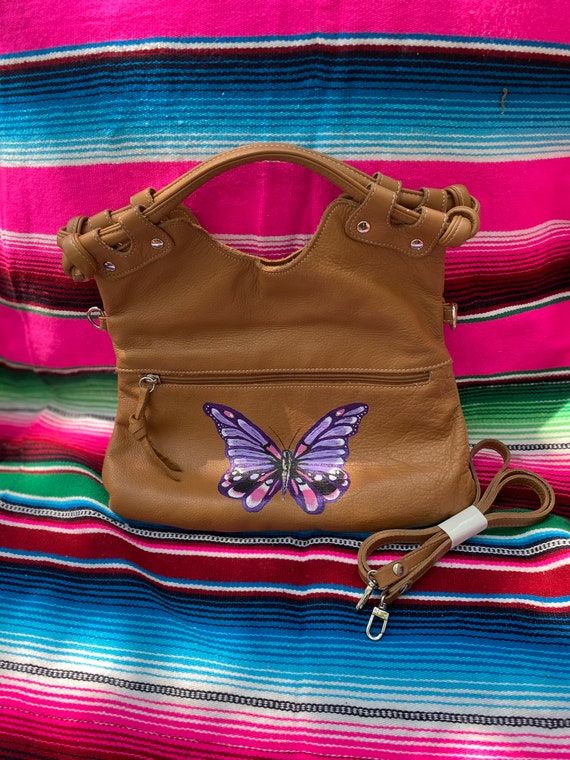 Like new Luciana Verde tan boho leather purse handbag with hand painted butterfly