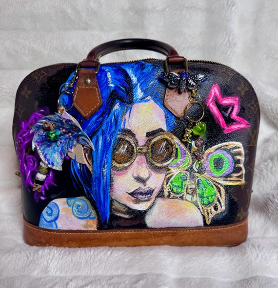 GET JINXED - Vintage Designer Top Handle Arcane Inspired Bag Customized With Hand Painted Jinx - Graffiti - Butterfly - Charms - Crow