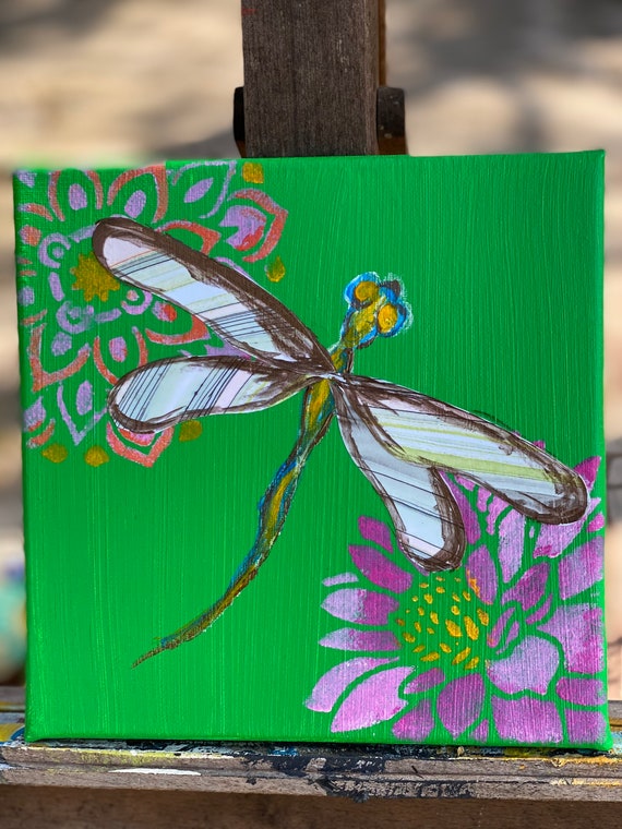 Dragonfly - acrylic mixed media painting on 8x8” gallery wrapped canvas