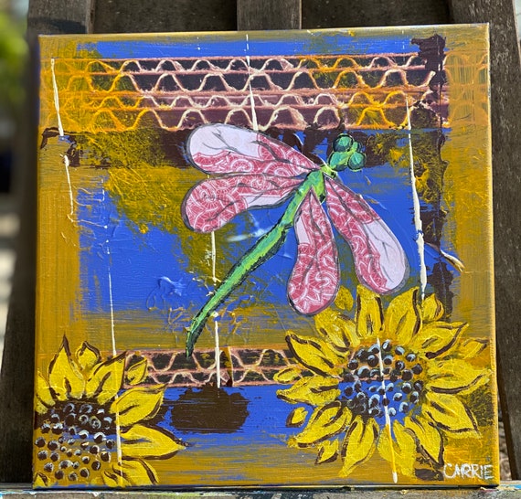 Dragonfly with Sunflowers - acrylic mixed media painting on canvas