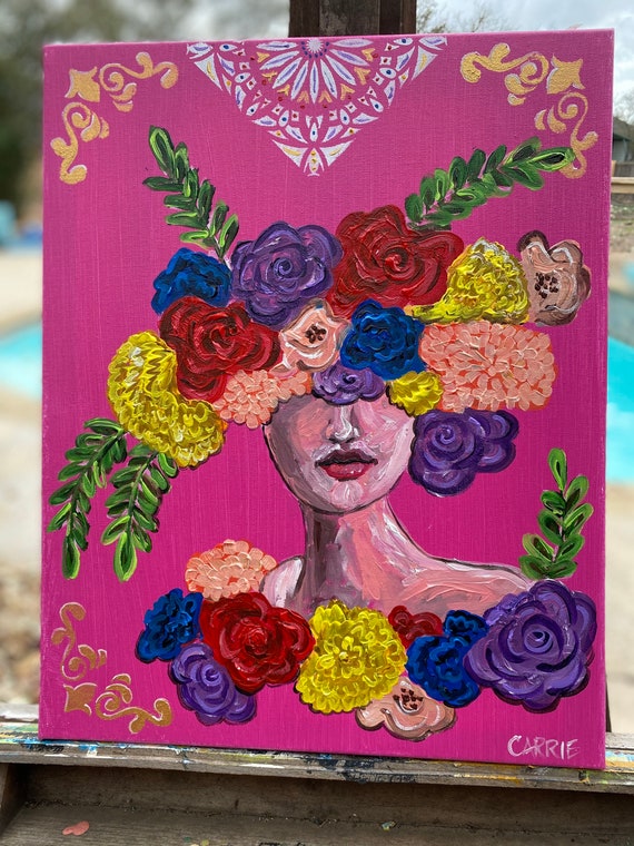 Rosy Outlook  - acrylic mixed media woman painting on canvas