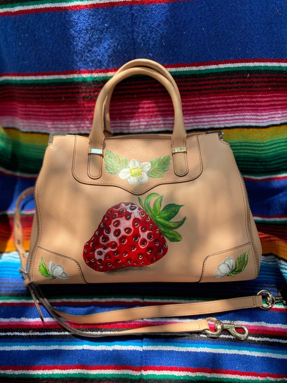 Gorgeous upcycled designer Rebecca Minkoff tan leather purse handbag with hand painted realistic strawberry