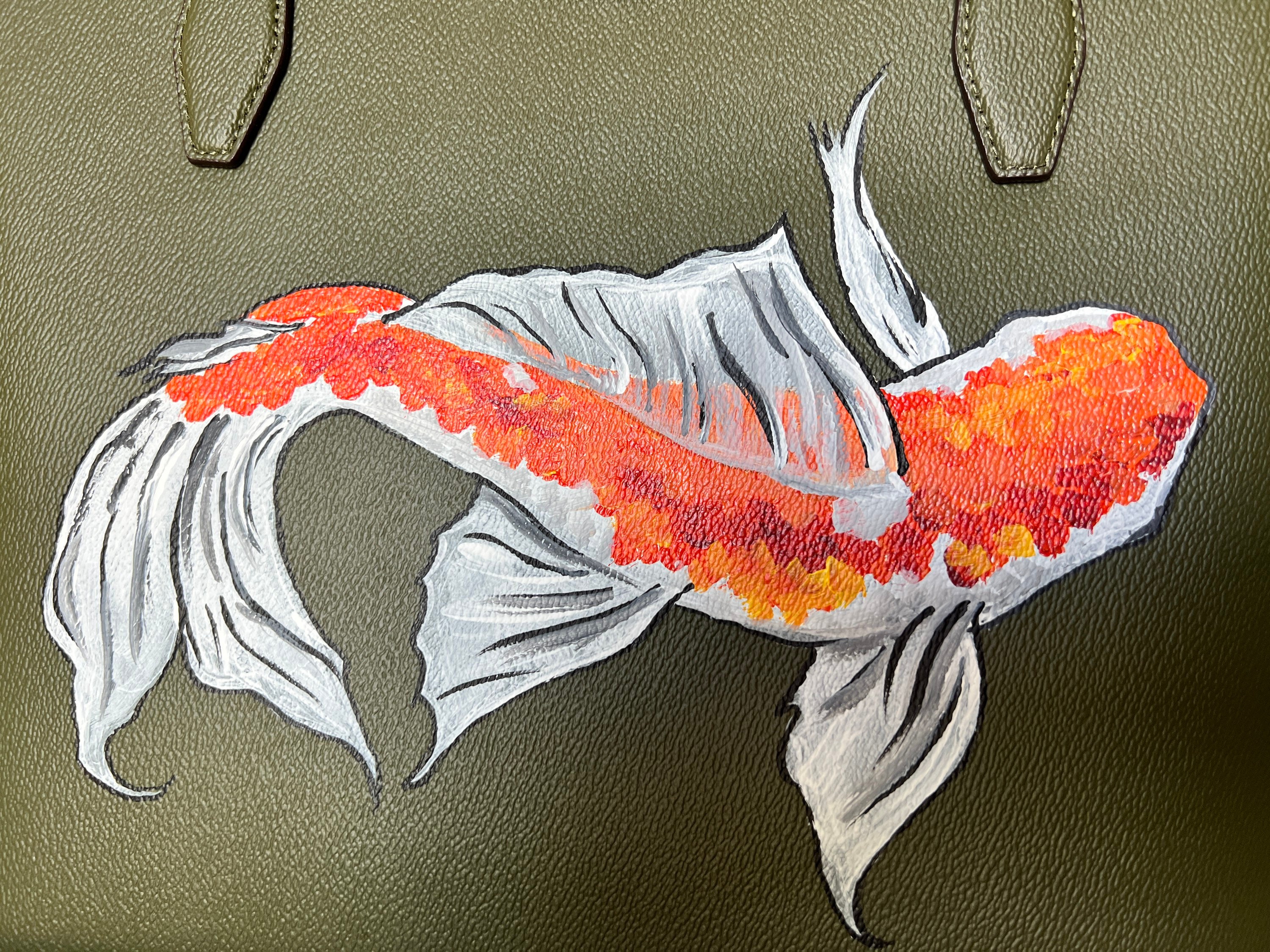 NWT extra large tote style army green Kate Spade purse leather handbag with hand painted koi fish
